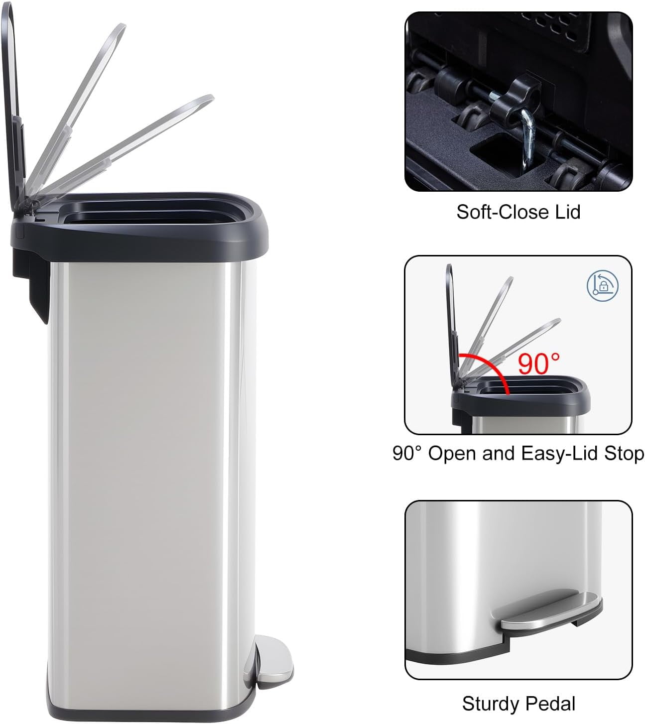 Kitchen Trash Can, 21.2 Gallon Garbage Can with Single Inner Bins, 80 Liter Large Capacity Trash Can with Soft-Close Foot Pedal, Stainless Steel