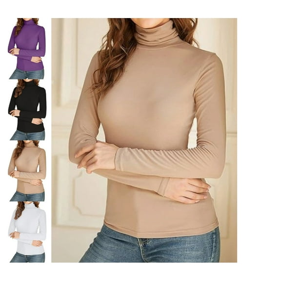 Women's Mock Turtle Neck Long Sleeve Shirts Knit Tops Fitted Slim Fit Basic Tees Cozy Embrace Collection M Polyester