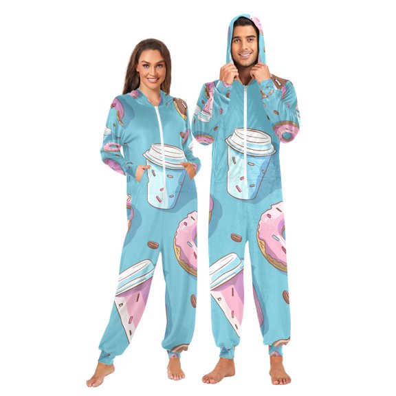 Coffee Cups Donuts Adult Unisex Onesie Pajamas Slim Fit One Piece Suit Pjs Sleepwear Pajama Jumpsuit