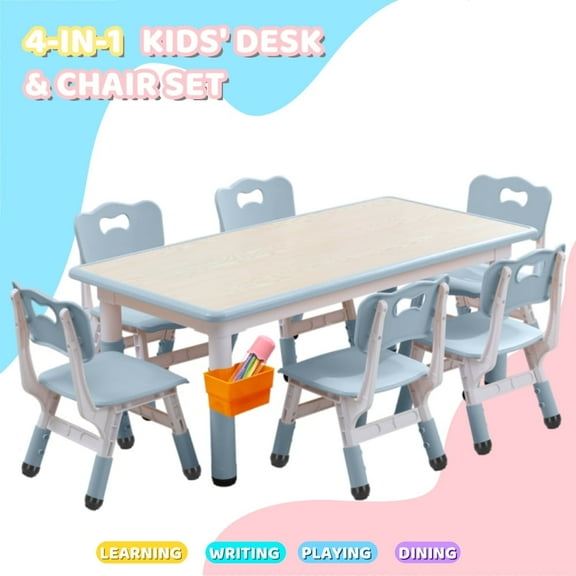 Kids Table and Chair Set, Height Adjustable Toddler Table and 6 Chairs Set for Ages 2-12, Graffiti Desktop, Non-Slip Legs, Arts & Crafts Table, Children Activity Table for Daycare Classroom