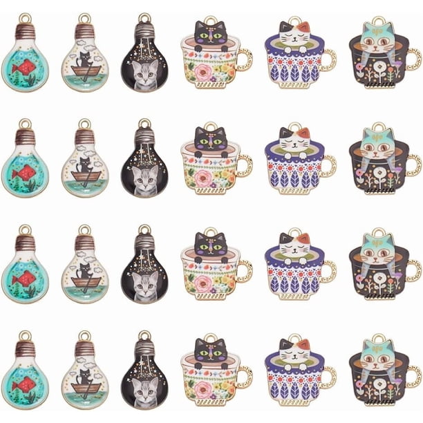 24 dijes de gato esmaltados, 6 estilos, dijes de bombilla de metal, colgantes de taza de café para manualidades, collares, pulseras, pendientes, llaveros, suministros para hacer joyas, accesorios.