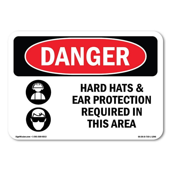 OSHA Danger Sign - Hard Hats Ear Protection Required In Area | Plastic Sign | Protect Your Business, Construction Site, Shop Area |  Made in The USA