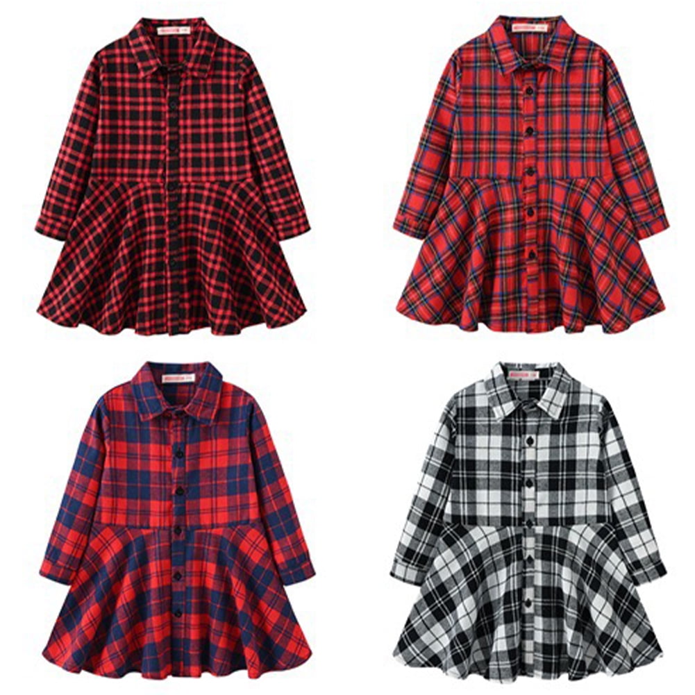 LYMAYTER 3-11T Toddler Kids Girls Plaid Dress Spring Fall Long Sleeve Button down Shirts Dresses Lapel Plaid Flannel Shirt Dress