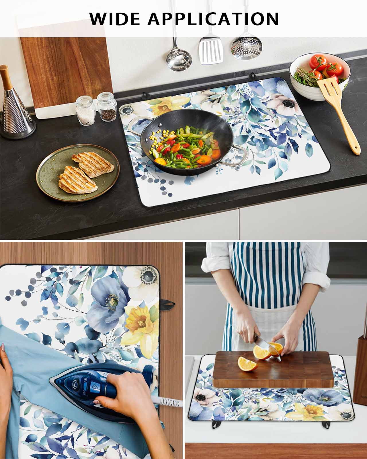 Large Induction Cooktop Protector Mat Teal Blue Eucalyptus Stove Top Covers for Electric Stove, Spring Garden Floral Leaves Botanical Decorative Stove Burner Cover Mats, Glass Top Stove Cover