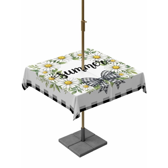 Outdoor Tablecloth with Umbrella Hole for Patio/Picnic/Party/Camping, Daisy Flowers Waterproof Table Cloth Square Cover Washable, Summer Flowers Wreath Leaves Bow Black Plaid (54"x 54")