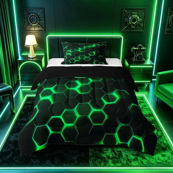 meiyoeat Neon Honeycomb Pattern Twin Comforter Sets for Boys Girls, Geometric Hexagon Bedding Set, Green, Black Reversible 2pcs, 1 Comforter and 1 Pillowcase