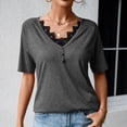 thumbnail image 4 of Camisa de manga corta con cuello en V de encaje para mujer, moda de verano, informal, adelgazante, blusa de manga corta de verano para mujer, gris oscuro XL, 4 of 8