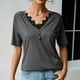 thumbnail image 4 of Camisa de manga corta con cuello en V de encaje para mujer, moda de verano, informal, adelgazante, blusa de manga corta de verano para mujer, gris oscuro XL, 4 of 8