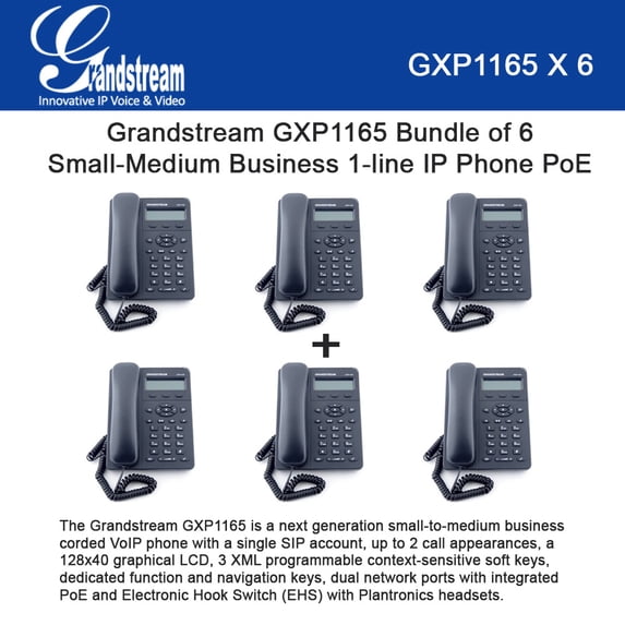 Grandstream GXP1165 Bundle of 6 Small-Medium Business 1-line IP Phone PoE