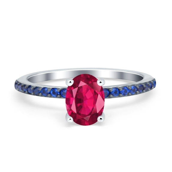 Oval Ring Side Stone Sapphire Simulated Ruby CZ 925 Sterling Silver Size 5