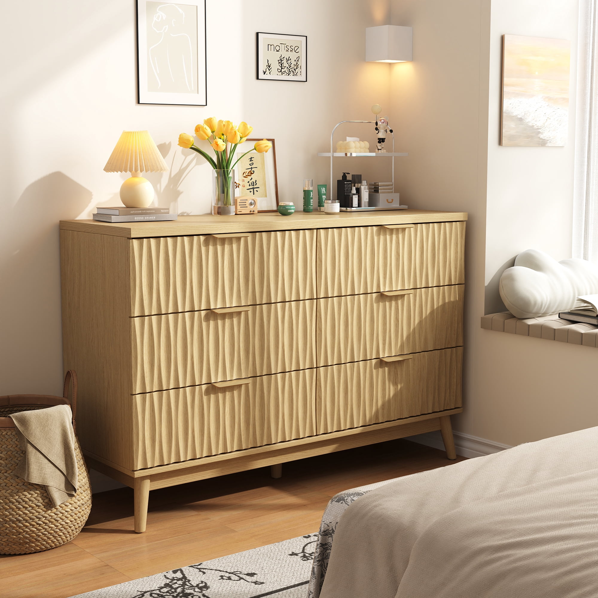 47"W Fluted 6 Drawers Dresser for Bedroom, Modern Chest of Drawers with Metal Handle, Wooden TV Stand for Living Room, Hallway