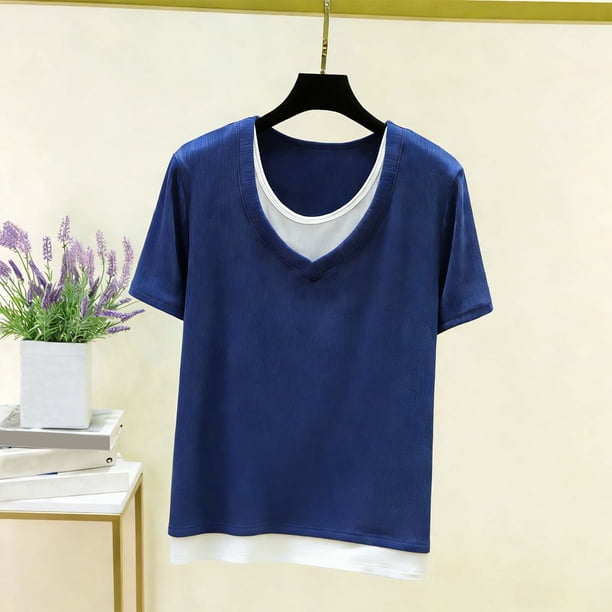 TaTaai Women Spring Summer Solid Color Ribbed Splicing Fake Two Piece Blouses Round Neck Short Sleeve Casual Fashion Soft Comfy Daily Tops Gift