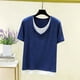 thumbnail image 1 of TaTaai Women Spring Summer Solid Color Ribbed Splicing Fake Two Piece Blouses Round Neck Short Sleeve Casual Fashion Soft Comfy Daily Tops Gift, 1 of 9