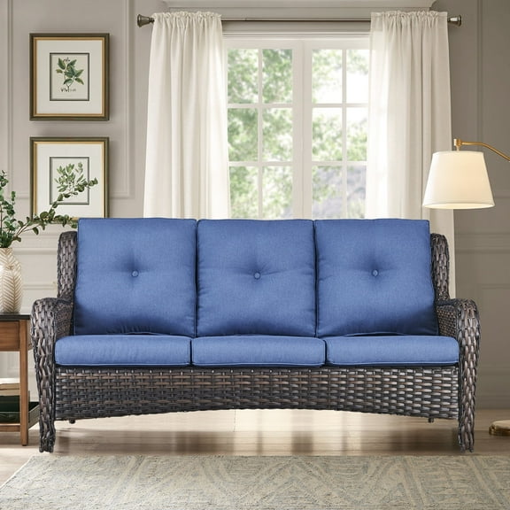 PARKWELL Outdoor 3 Seats Sofa - Rattan Wicker Patio Couch with Cushions - Steel Frame - Brown Wicker, Blue Cushions