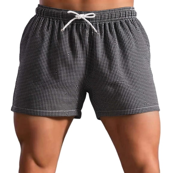 HOOMEUMY Men Checkered Plaid Casual Shorts Elastic Drawstring Waist Loose Extra Short Soft Breathable Thin Home Bottoms Summer Home Sleep Beach Walking Short Pants