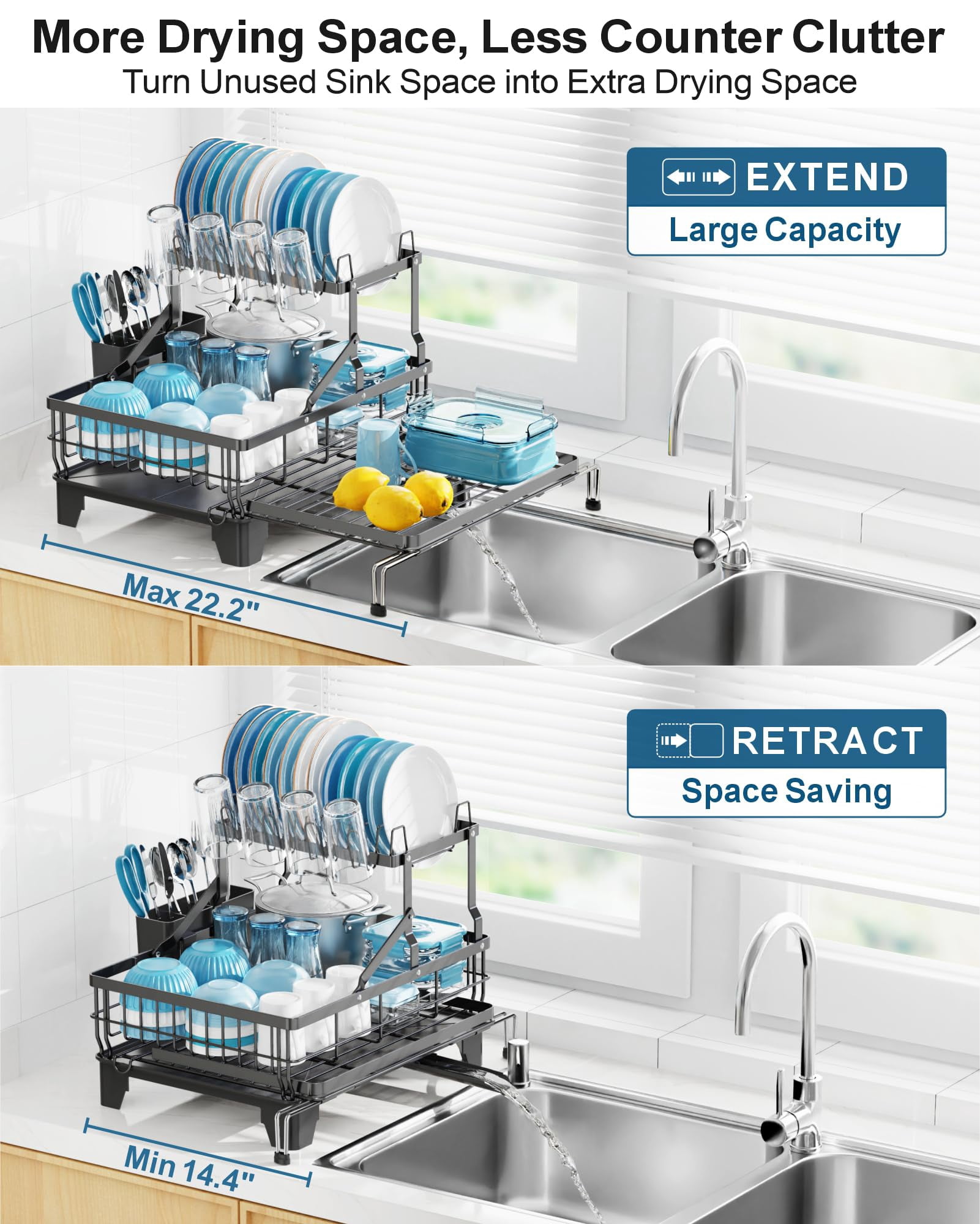 Large 2 Tier Dish Drying Rack  Expandable Heavy-duty For Kitchen Counter Rust-resistant Drainer With Utensil & Cup Holder Auto-drain 16.9" W X 14.4"-22.4" L Black