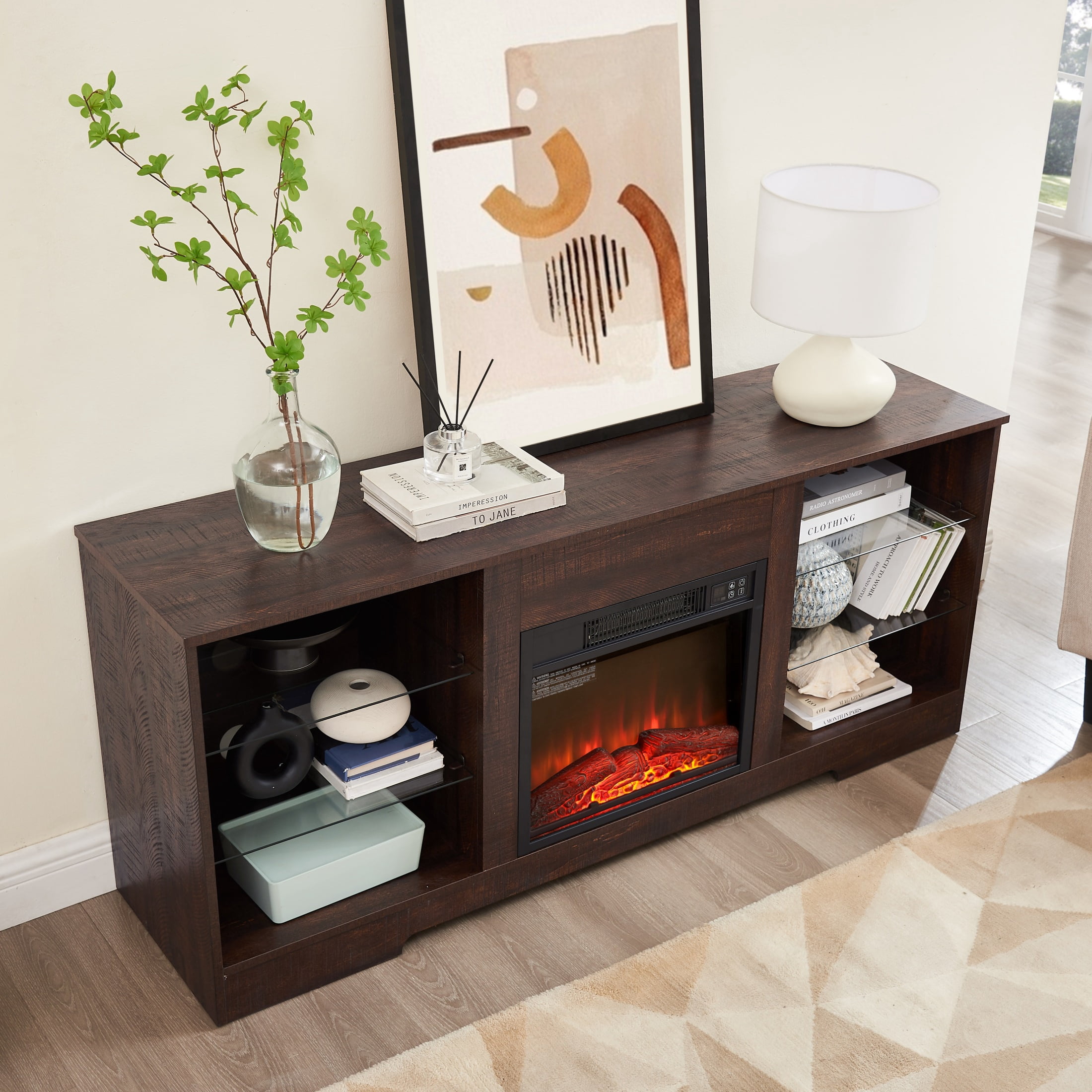 SESSLIFE Fireplace TV Stand, 58" LED Light Entertainment Center with Adjustable Flame Fireplace, Power Outlets & Shelves, Remote & App Control, TV Stand with Fireplace for Living Room, Espresso