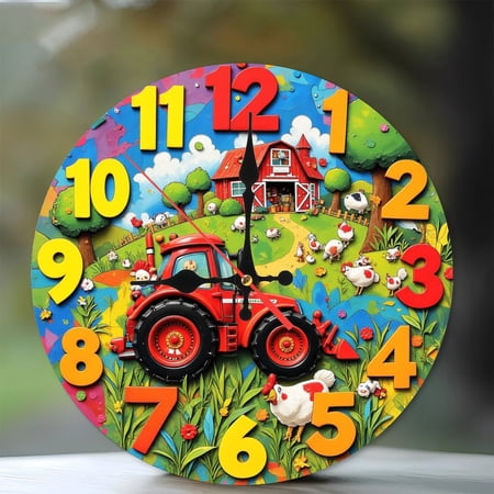Farm Tractor Clock Wall Decor Red Barn Animals 10-Inch Silent Wooden Wall Clock, Battery Operated (AA Batteries Not Included), Artistic Home Decor