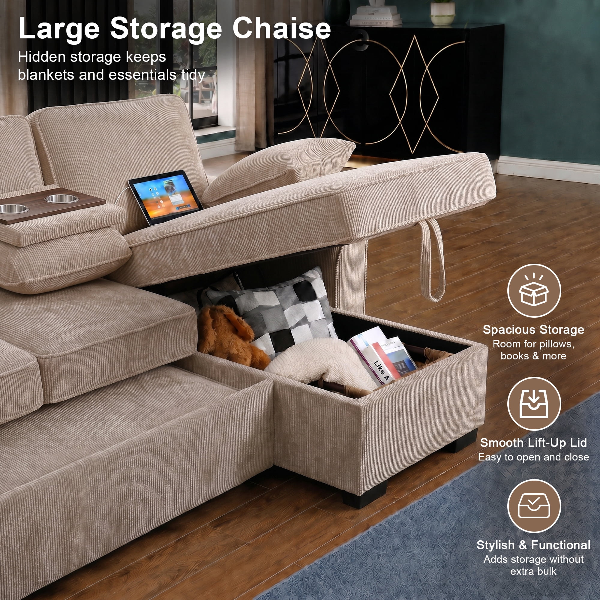 Aukfa 86" L-Shaped Convertible Sectional Sleeper Sofa Bed with USB & Cup Holders Console, Storage Chaise for Living Room, Chenille, Beige
