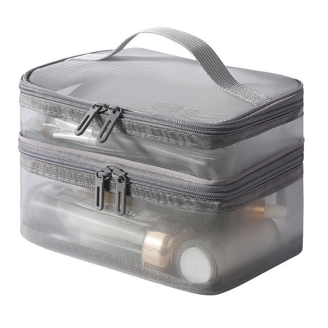 Bolsa de maquillaje de viaje de doble capa, bolsa de malla para mujer, artículos de tocador de viaje, organizador de maquillaje, cosméticos con cremallera de gran capacidad