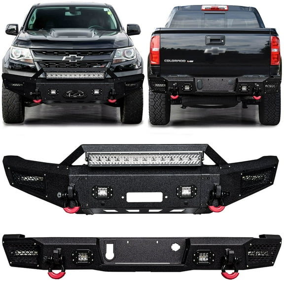 Vijay Compatible with 2017-2018-2019-2020 Chevrolet Colorado ZR2 Front and Rear Bumper Textured Black Steel with Lights and D-rings