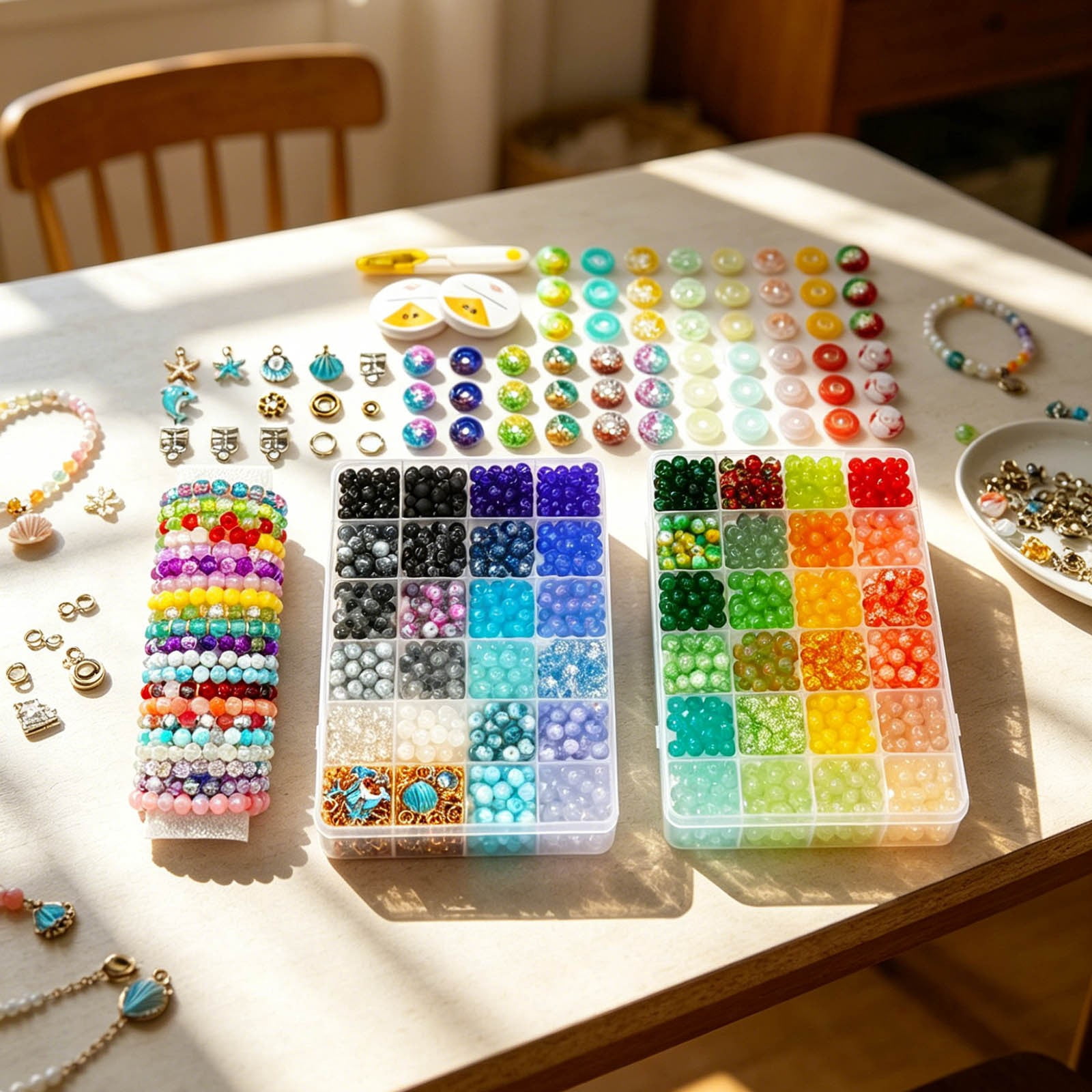 DIY Craft Kit Multicolor Glass Beads Set with Storage Box & Keychain Accessories Bracelets Making Kit for DIY Bracelet Necklace and Craft Projects
