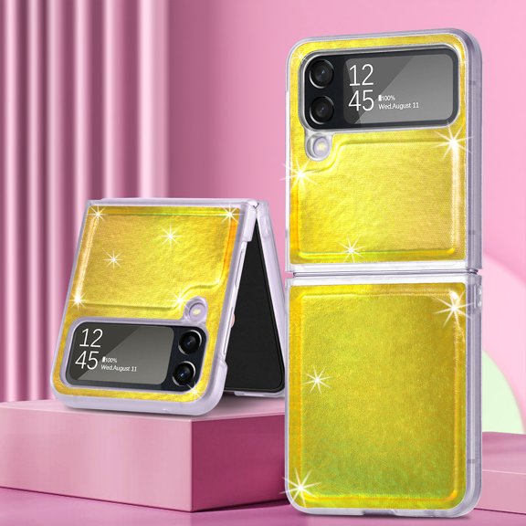 for Samsung Galaxy Z Flip 4 Cute Case, Luxury Laser Glitter for Women Girls Slim Shockproof Clear TPU Bumper & Hard PC Back Cover for Samsung Galaxy Z Flip 4 5G,Yellow