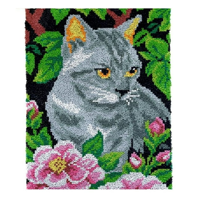 Rug Making Latch Hooking Kit | Kitten in Flowers (2 sizes available)
