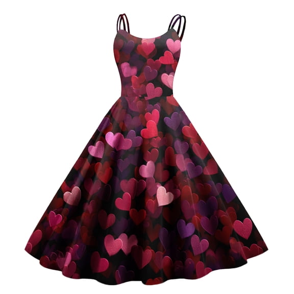 Women's Valentine's Day Dresses Love Heart Print Off Shoulder Vintage Sleeveless Dress Dark Gray L