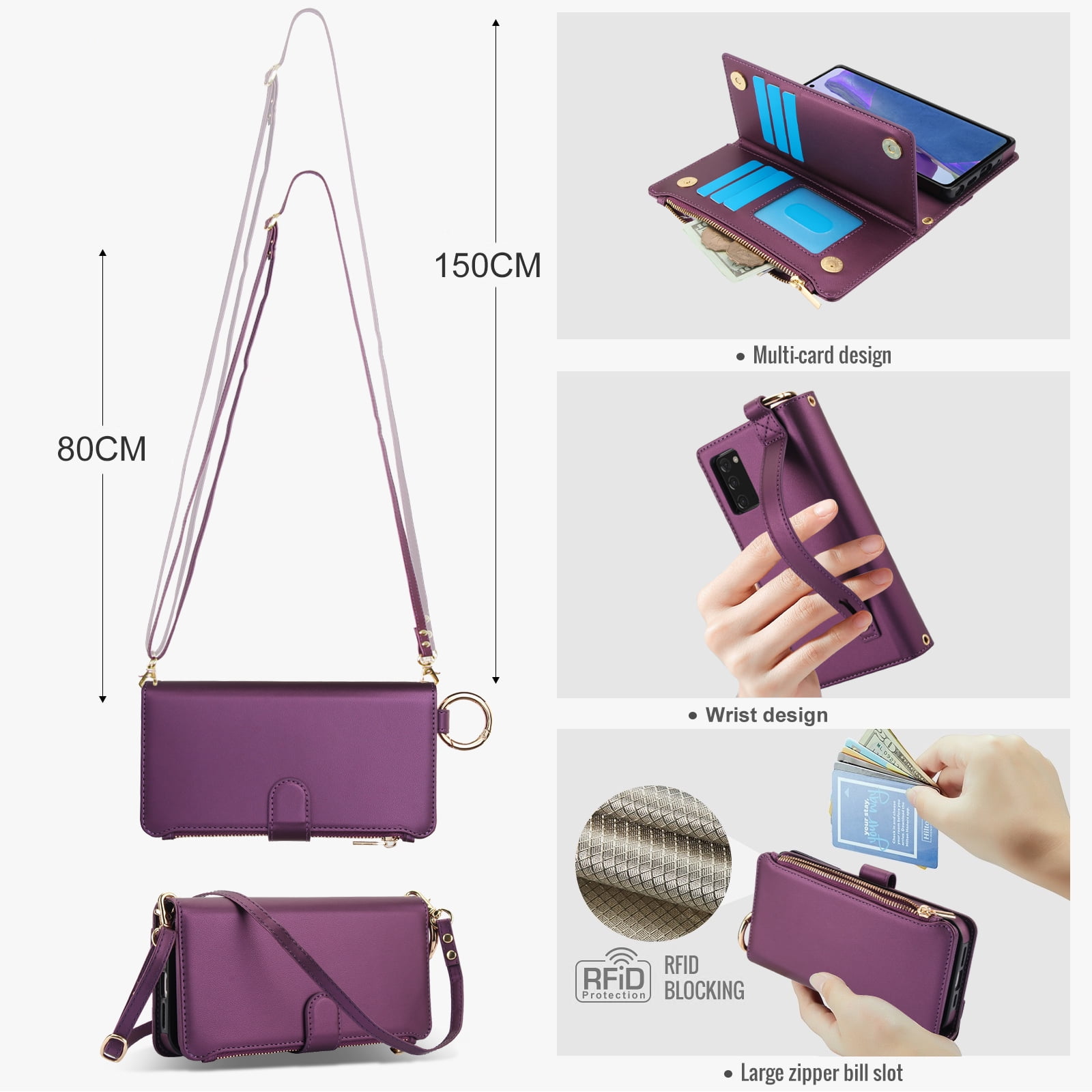ELEHOLD For Samsung Galaxy Note 20 Phone Case Leather Crossbody Zipper Card Wallet Flip Case Kickstand Cover, with Ring Holder,Full Body Protection-Deeppurple