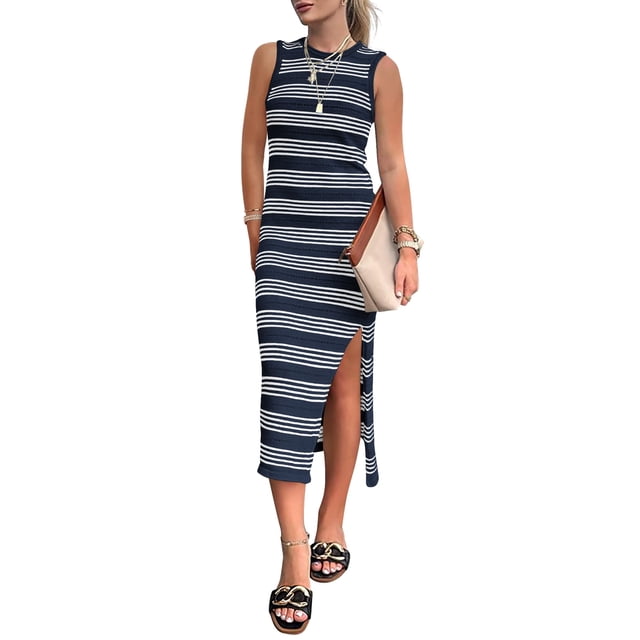 Vestido PRETTYGARDEN Bodycon Midi sin Mangas con Rayas en Azul Marino Talla S
