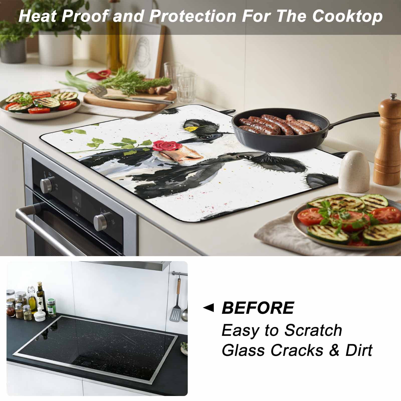 Black White Cow Stove Top Cover for Electric Stove, Heat-proof & Non Slip Glass Top Stove Cover Protector, Spring Farmhouse Animals Printed Red Floral Kitchen Flat Cooktop Rubber Mat 24x21 Inches