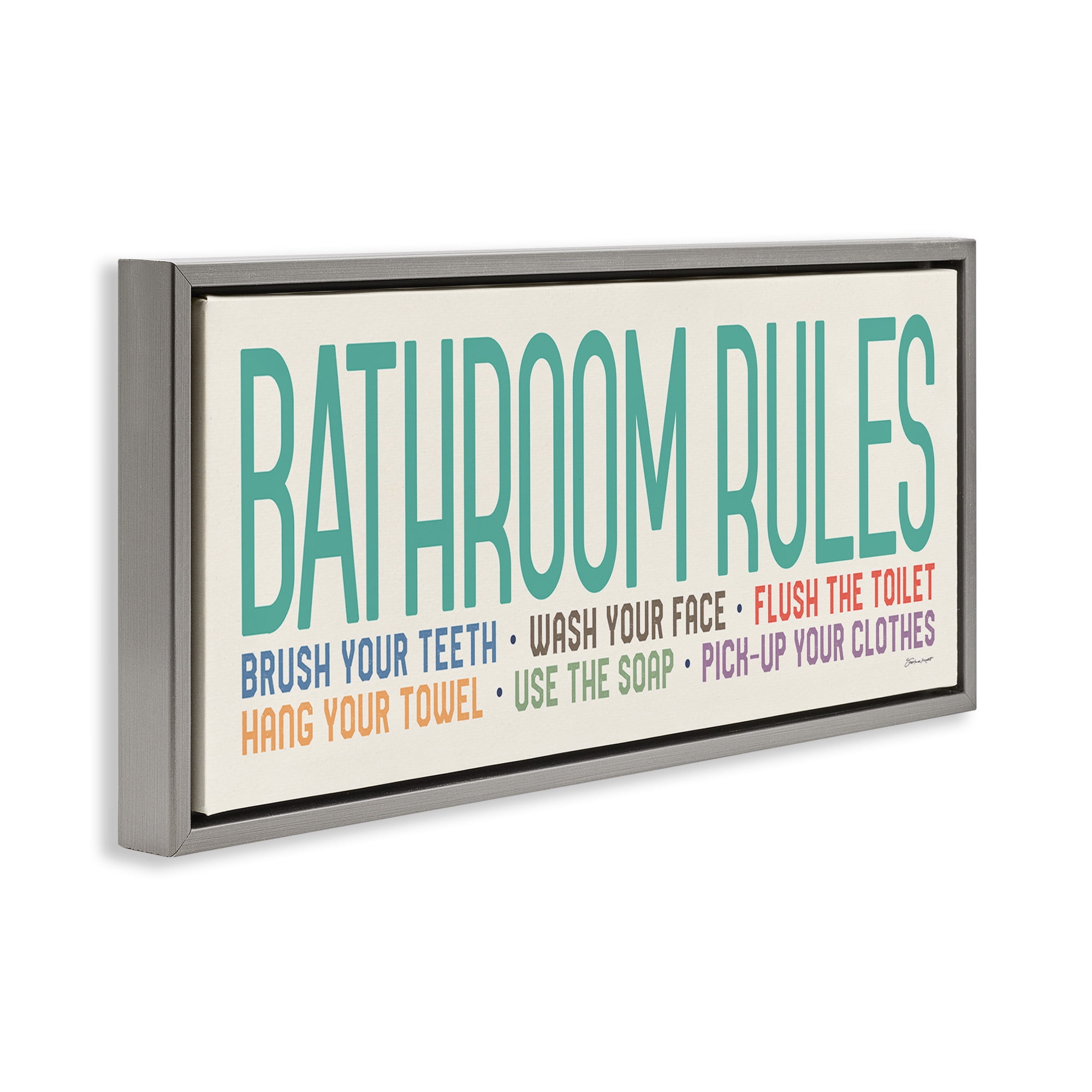 Stupell Industries Bathroom Rules with Teal Text Abstract Painting Gray Floater Framed Canvas Art Print Wall Art, 31 x 14