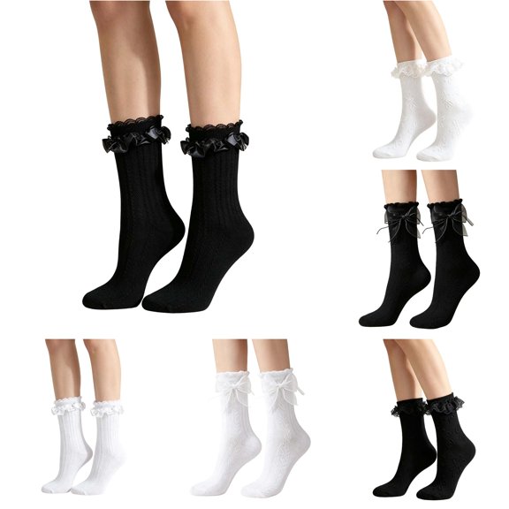 WAYUTE Womens Socks Ruffle Lace Floral Jacquard Soft Breathable Vintage Fashion Mid Calf Socks for Dress Daily Casual Outfits