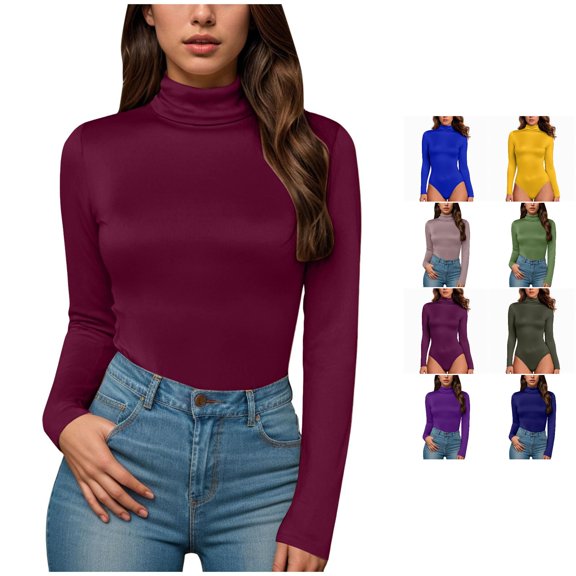 HCYSFG Womens Turtleneck Bodysuit Solid Color Long Sleeve Stretchy Slim Fit Jumpsuit Tummy Control Compression Shaping Leotard