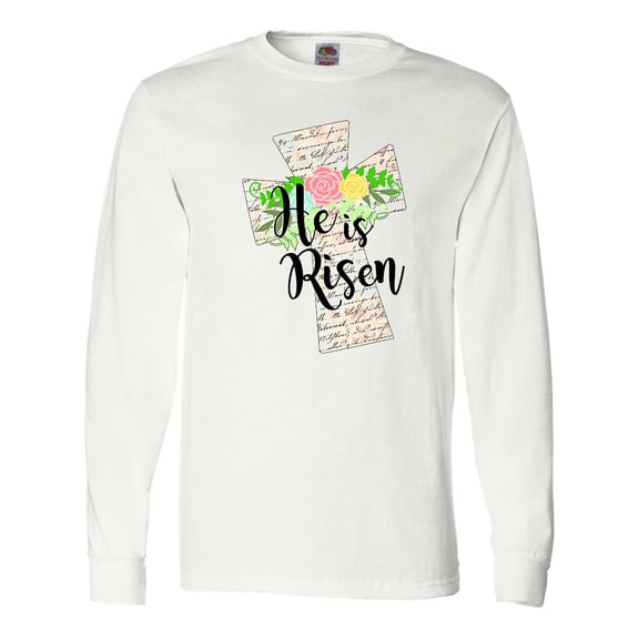 Inktastic He is Risen Cross with Script and Flowers Long Sleeve T-Shirt