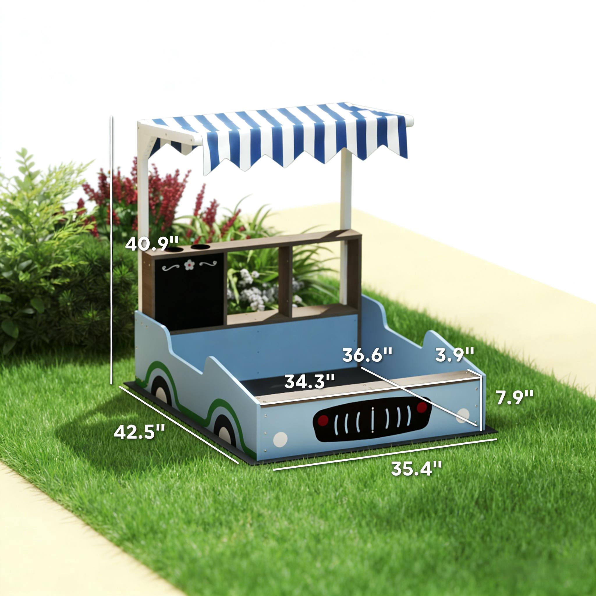 Kids Wooden Sandbox Grocery Store Play Station with UV Canopy, Drawing Board & Planting Boxes, Outdoor Fir Wood Sand Pit with Bench Seat for Ages 3-7