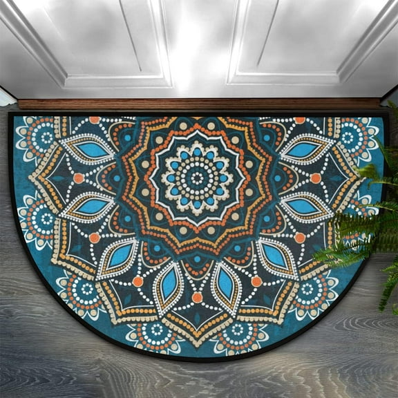 30X18 Inch Half Round Door Mat Blue Mandala Half Circle Rug Indoor Anti-Skid Semi Circle Doormat Entrance Floor Rug for Bathroom Kitchen Living Room Area Rugs 24*36in