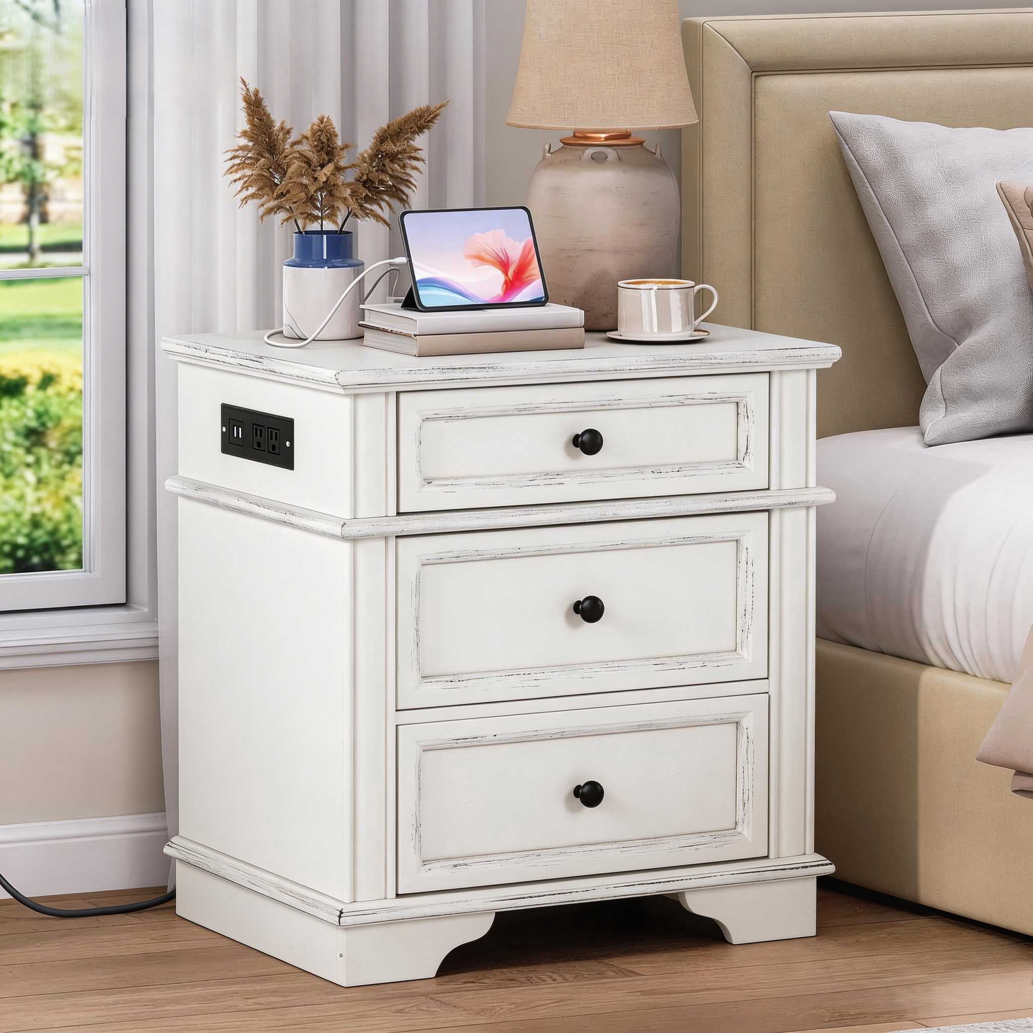 Ktaxon Solid Wood Nightstand with Outlets & USB Ports, 3 Drawer Traditional Cottage Bedside Table, Wash White