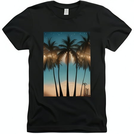 

Sunset Vibes T-Shirt Palm Trees and Lights Design on Black T-Shirt Stylish Urban Wear for Men and Women