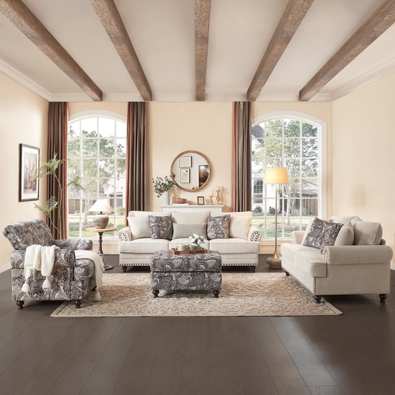 4-Pieces Chesterfield Couch Set Chenille Flora Sofa Loveseat and Armchair Living Room Set with Ottoman