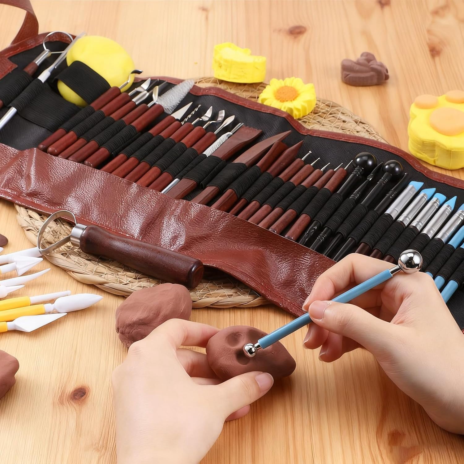 48PCS Pottery Tools Kit for Sculpting, Polymer Clay Kit, Ceramics Modeling Tool, Carving Tool with a Storage Bag, DIY Handcraft Modeling, Trimming, Shaping, Carving, Dotting