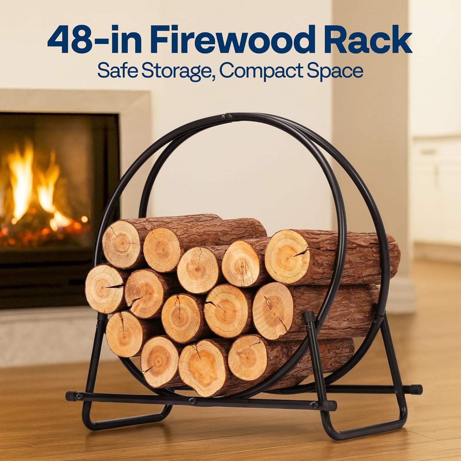 SPECSTAR 48 Inches Firewood Log Rack Hoop with Round Cover, Heavy Duty Solid Steel Fire Wood Storage Rack and Cover Set with Zipper, Round Log Holder Ring for Indoor Outdoor Patio Deck Porch