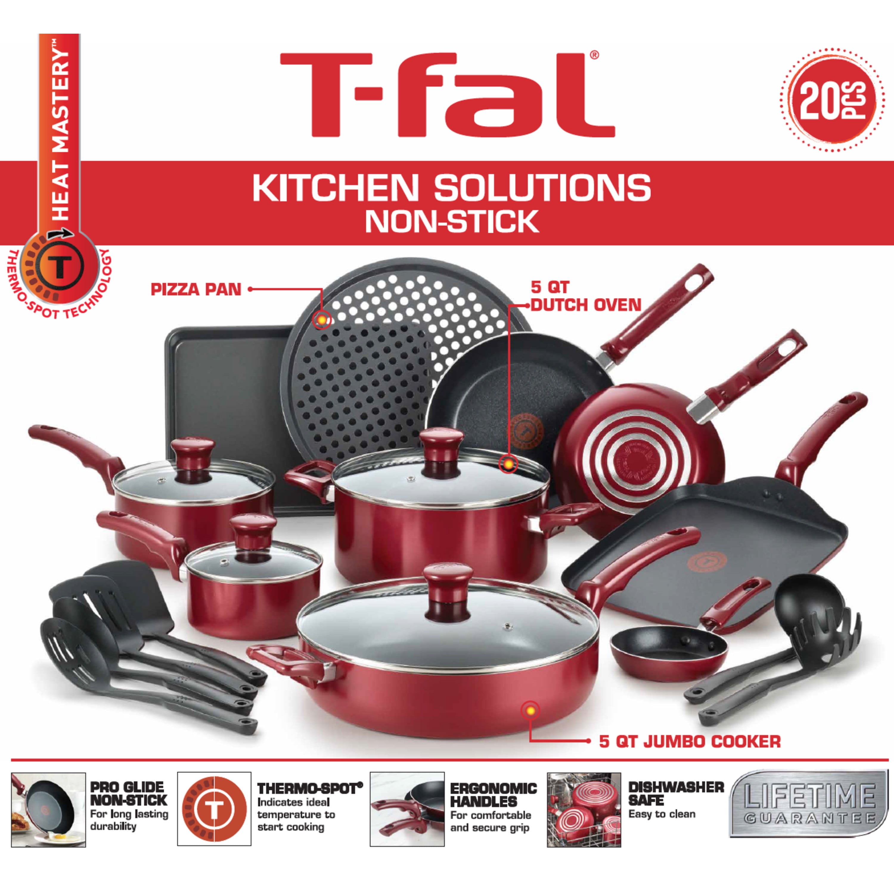 T-fal Kitchen Solutions 22-Piece Nonstick Cookware Set, Thermospot, Red 