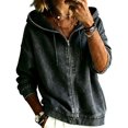 thumbnail image 4 of Yigetop Women's Zip up Hooded Denim Jacket Long Sleeve Hoodie Casual Loose Retro Washed Jean Outerwear Coat Black 3XL, 4 of 5