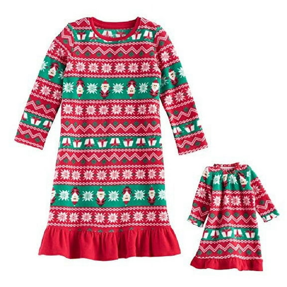 Little Girls' Holiday Fleece Fair Isle Santa Nightgown with 18 inch Doll Gown, Size 4T
