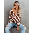 thumbnail image 6 of Womens Striped Sweater Coat Casual Long Sleeve Open Front Button Down Loose Knit Cardigan Fall Brown M, 6 of 9