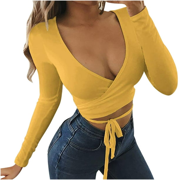 Top corto de tirantes cruzados de manga larga con escote en V profundo de Color sólido a la moda para mujer Fridja bvmnju4327