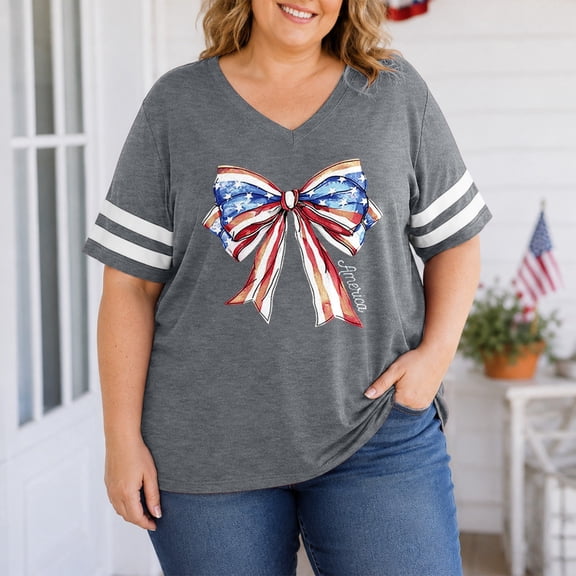 2026 New Womens Plus Size Tops 4th of July V Neck Shirt Graphic Loose Fit Flower Short Sleeve Patriotic Tee Casual Summer Tops(Grey,XL)