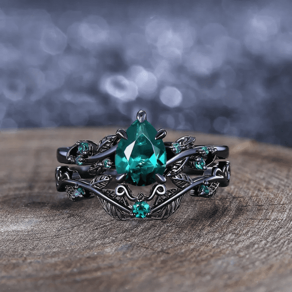 Pear Green Emerald Engagement Ring Set in 14K Black Gold Vermeil- Unique Leaf Design Cluster Stacking Ring Set- Mother's Day Ring